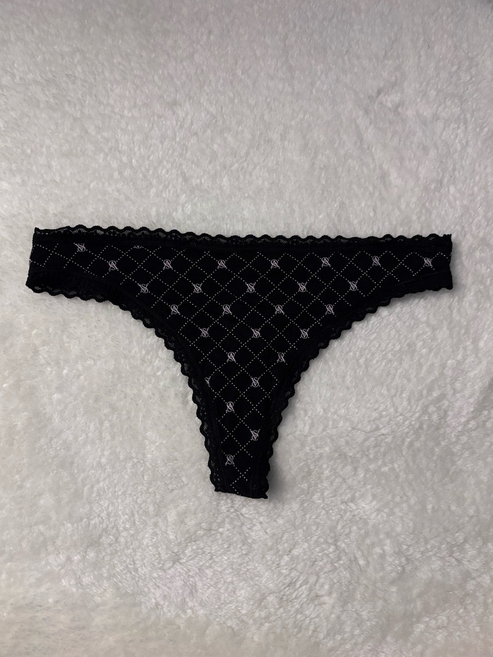 PINK Victoria’s Secret Cotton Lace-Waist Thong Lace Trim Black Logo Diamond